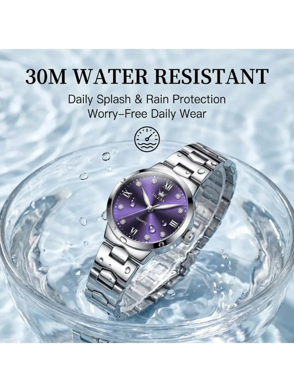 Women's Purple and Silver Analog Quartz Waterproof Stainless Steel Band Watch